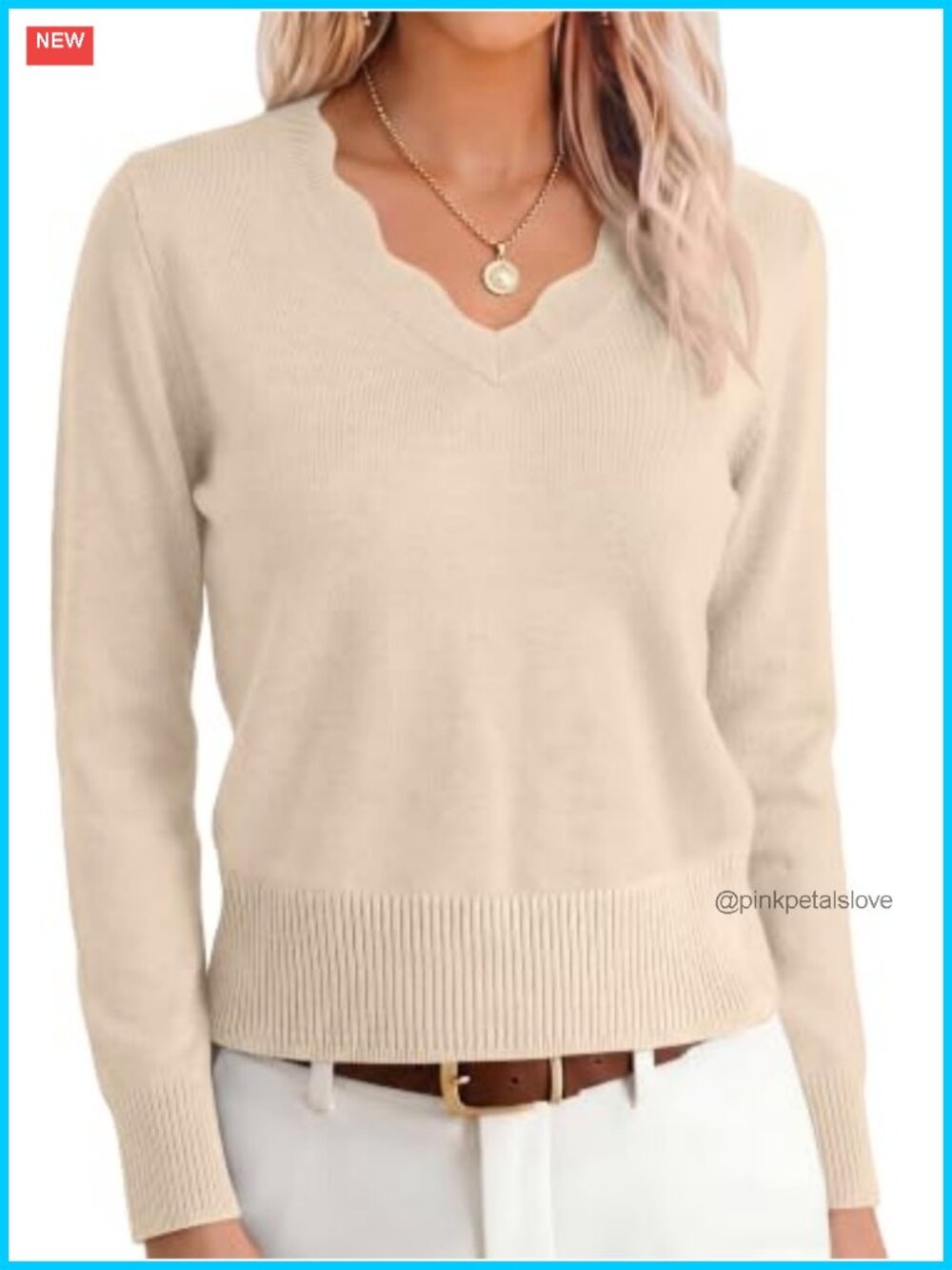 Lightweight Cropped V-Neck Pullover Sweater Scalloped Long Sleeve Casual